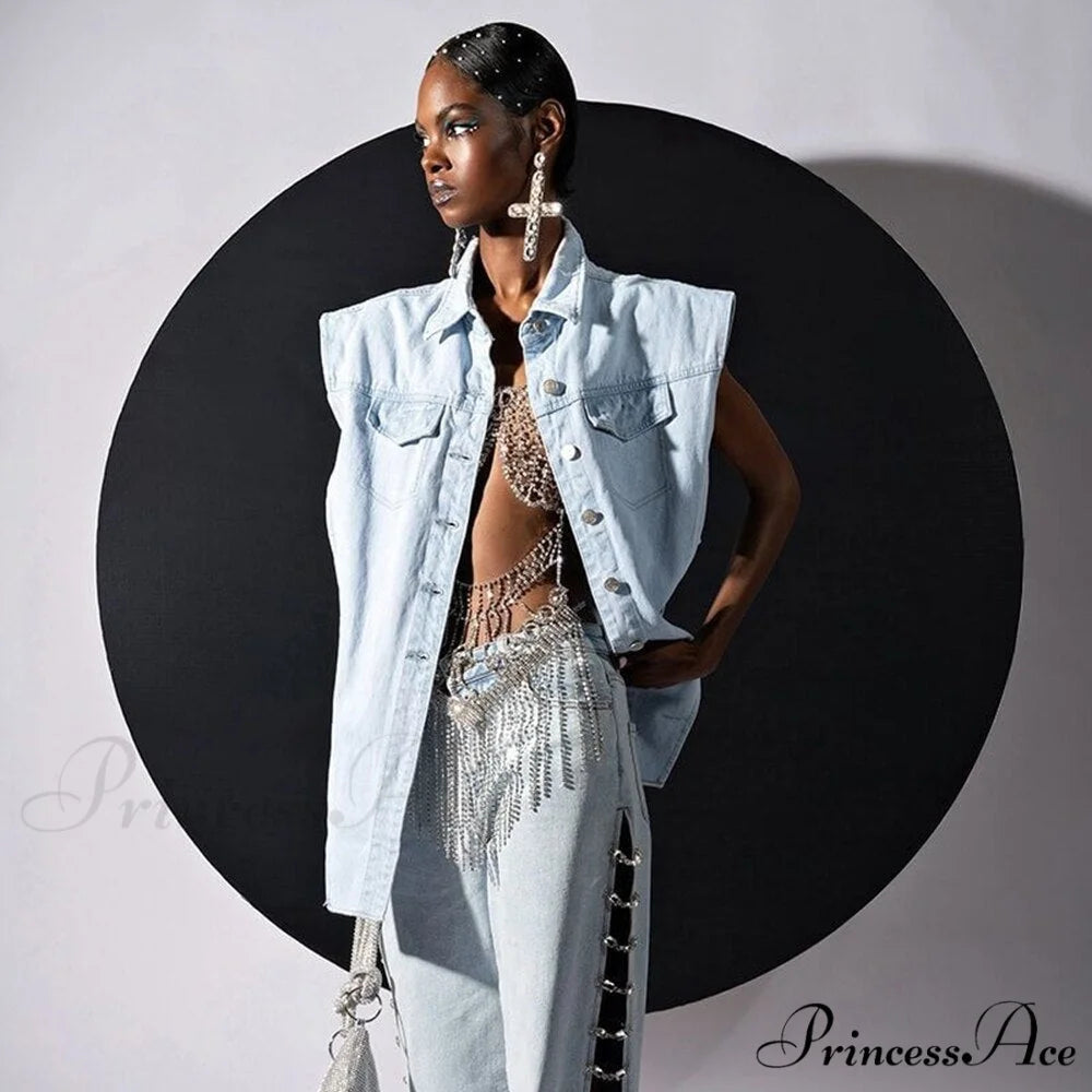 and Irregular with Out Denim Vest Hollow Shoulder Length Detail Hem