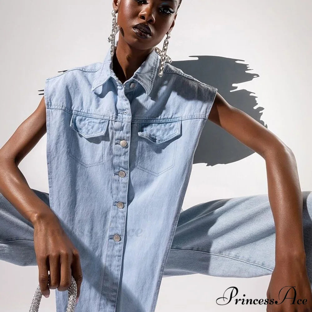 and Irregular with Out Denim Vest Hollow Shoulder Length Detail Hem