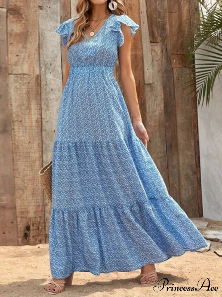 and swing long print skirt women’s Spring V-neck large with floral design