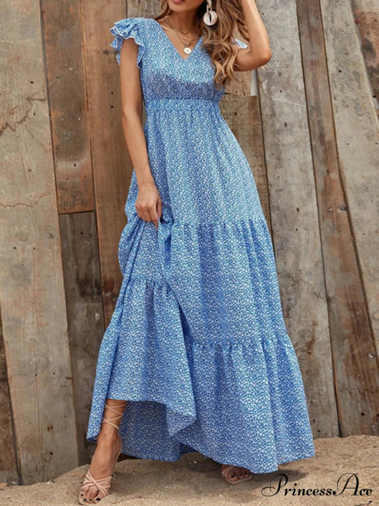 and swing long print skirt women’s Spring V-neck large with floral design Blue / S