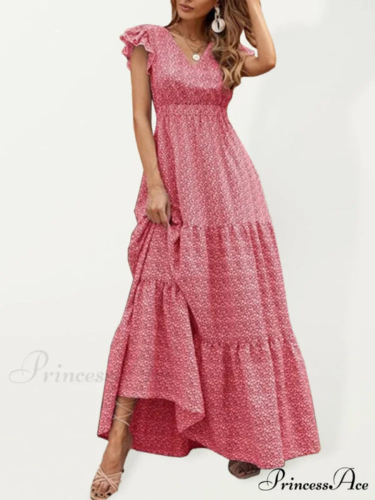 and swing long print skirt women’s Spring V-neck large with floral design Red / S