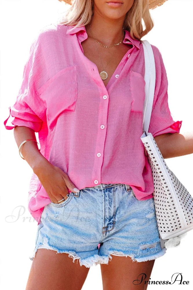 and Turn-down Blouse Neckline Pink Chest with Pocket