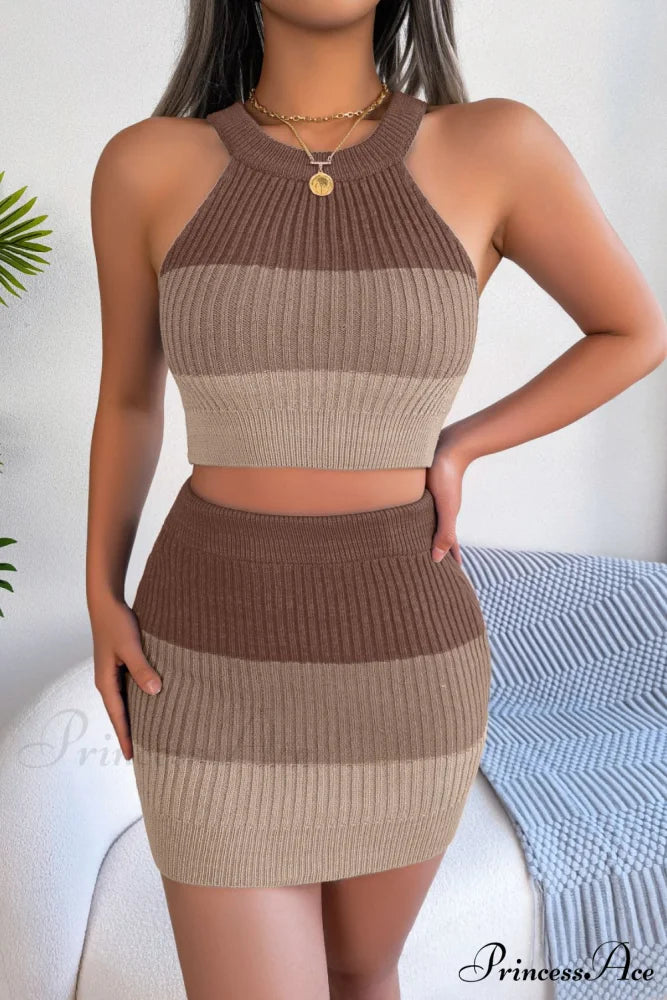 and with Set Skirt Crop Sleeveless Color Top Block Knit Design Camel / S