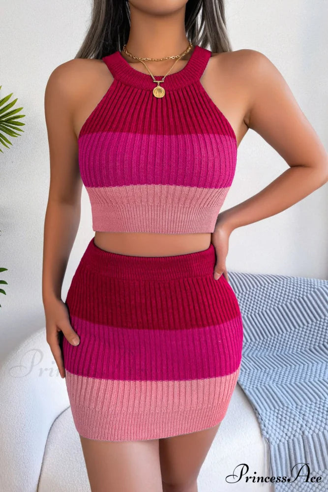 and with Set Skirt Crop Sleeveless Color Top Block Knit Design Deep Rose / S