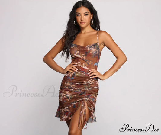 Angelic Beauty Stylish Ruched Mini Dress BROWN / S