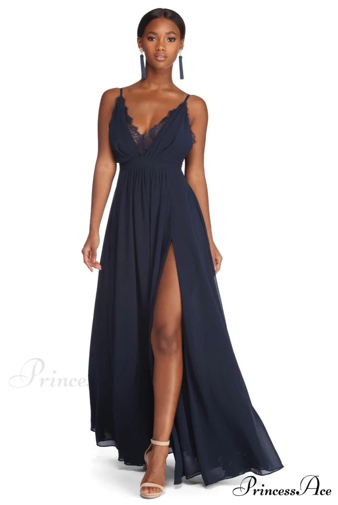 Angelique Formal High Charming Slit Lace Dress NAVY / S
