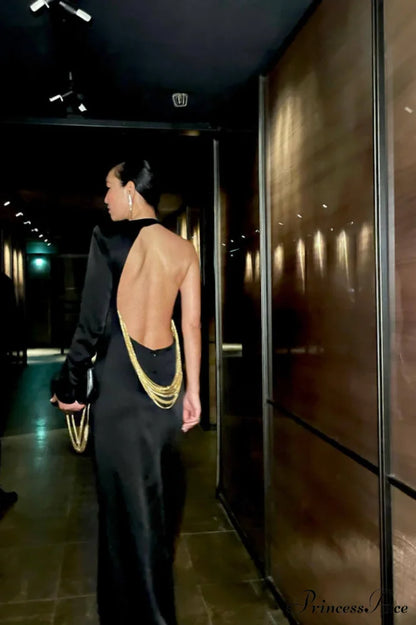Angelou Black Backless Charming Chain Maxi Dress