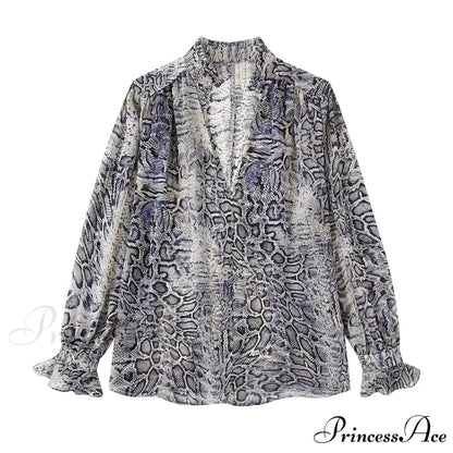 Animal Printed Long Sleeve V-Neck Blouse grey / XS