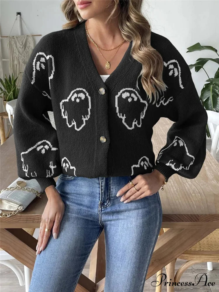 Animated Jacquard Halloween Button-up Cardigan Black / S cardigans-241228