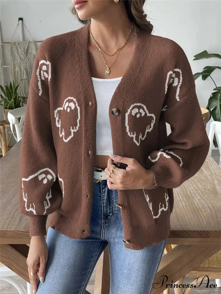 Animated Jacquard Halloween Button-up Cardigan Dark Brown / S cardigans-241228