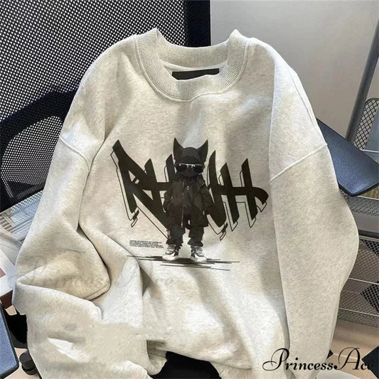 Anime Print Fleece Retro Sweatshirt Sweatshirt-241228