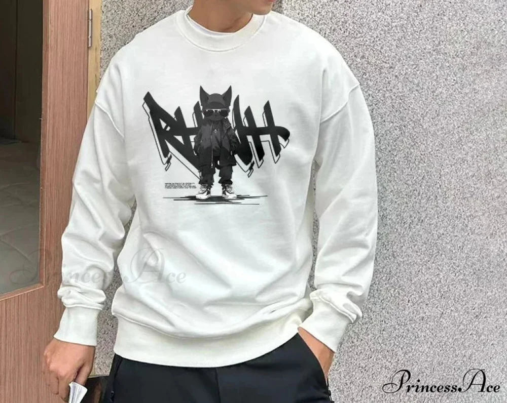 Anime Print Fleece Retro Sweatshirt White gray / M(40-50KG) Sweatshirt-241228