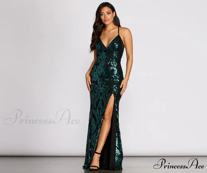 Annalise Scroll Sequin Charming Cross Back Dress TEAL / S