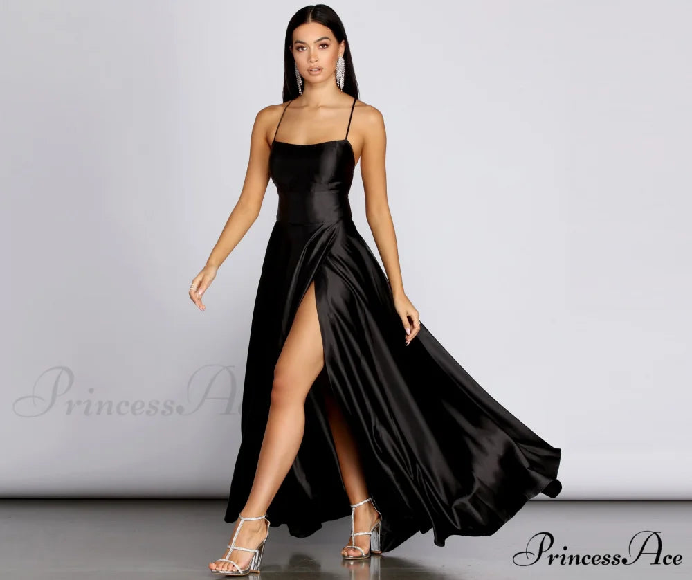 Anne Formal Stylish Lattice Satin Dress BLACK / XS