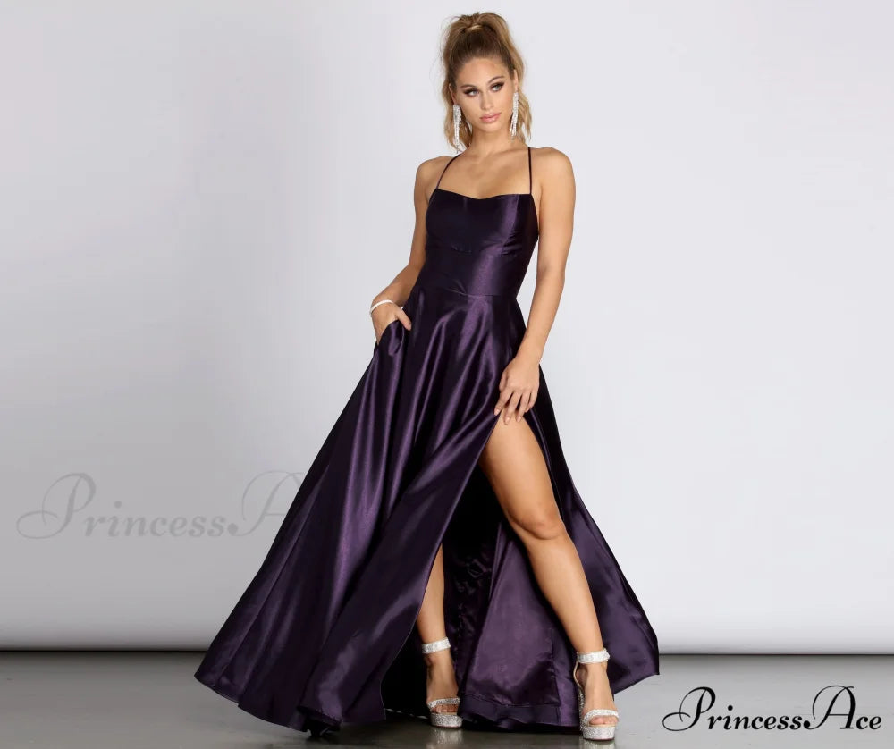 Anne Formal Stylish Lattice Satin Dress EGGPLANT / XS