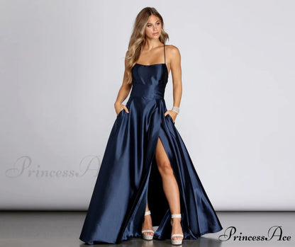 Anne Formal Stylish Lattice Satin Dress NAVY / XS