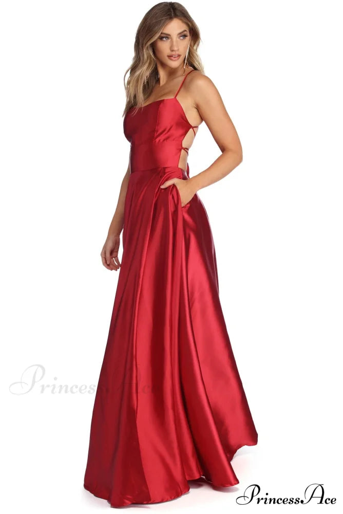 Anne Formal Stylish Lattice Satin Dress RED / XS