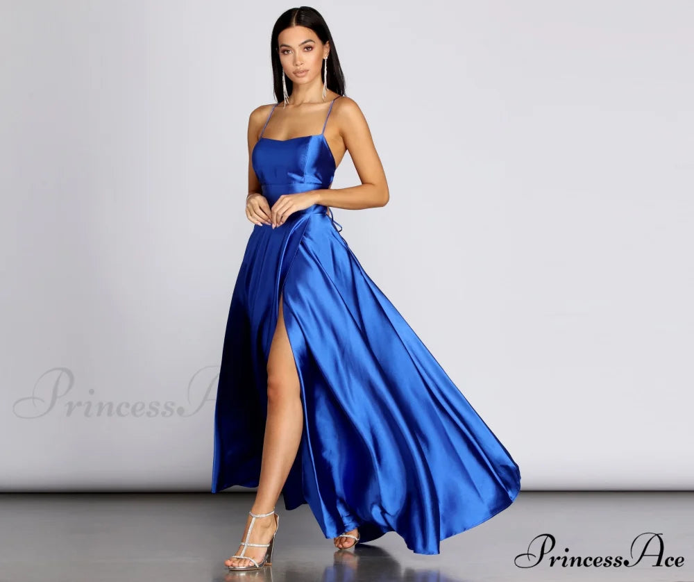 Anne Formal Stylish Lattice Satin Dress ROYAL / XS