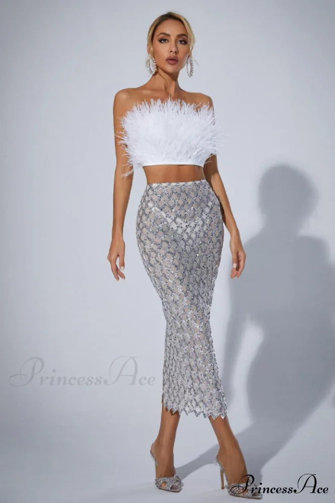 Ansley Strapless Feather Charming Mesh Skirt Set M / White