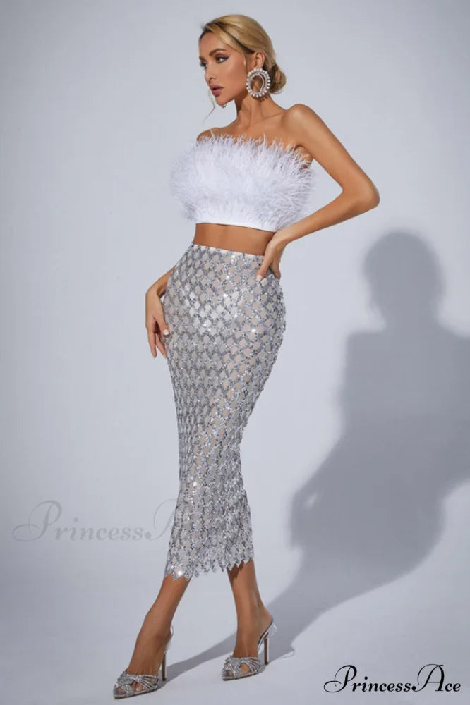 Ansley Strapless Feather Charming Mesh Skirt Set XS / White