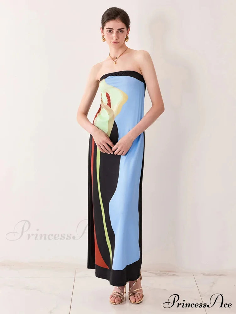 Antique Abstract Flower Strapless Open-Back Loose Tube Top Flower Dress BLUE / S floraldress-250126