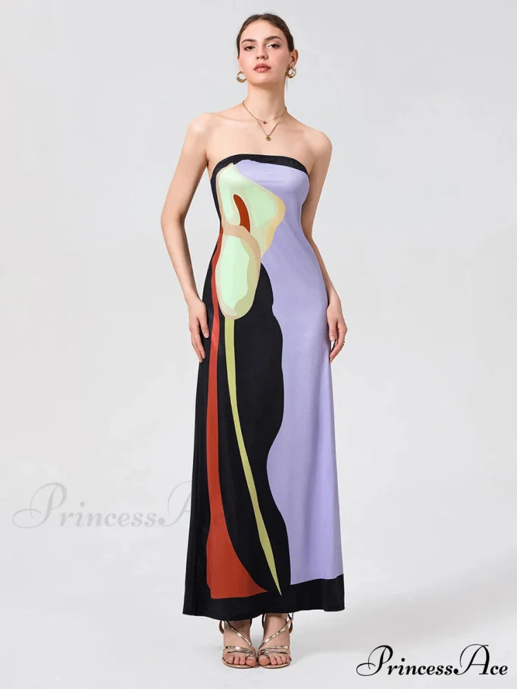 Antique Abstract Flower Strapless Open-Back Loose Tube Top Flower Dress floraldress-250126