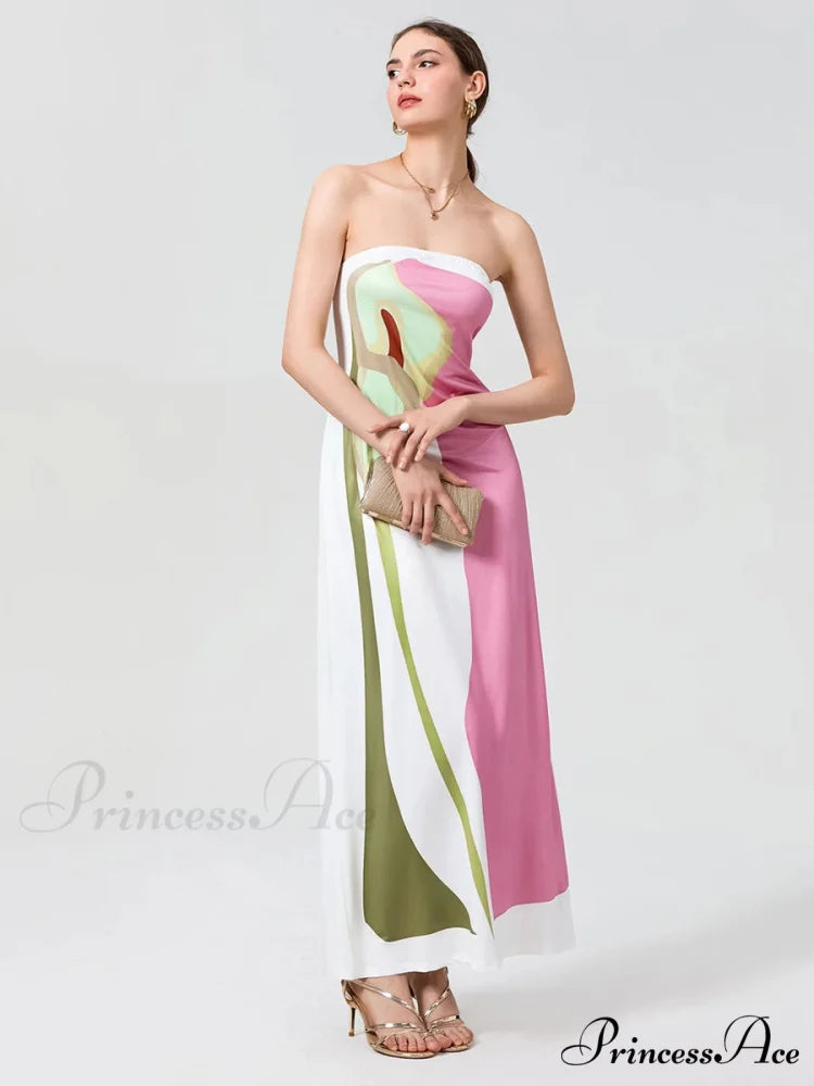 Antique Abstract Flower Strapless Open-Back Loose Tube Top Flower Dress floraldress-250126