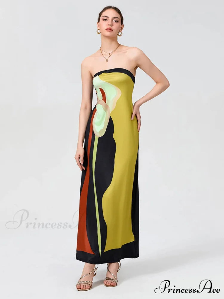 Antique Abstract Flower Strapless Open-Back Loose Tube Top Flower Dress floraldress-250126