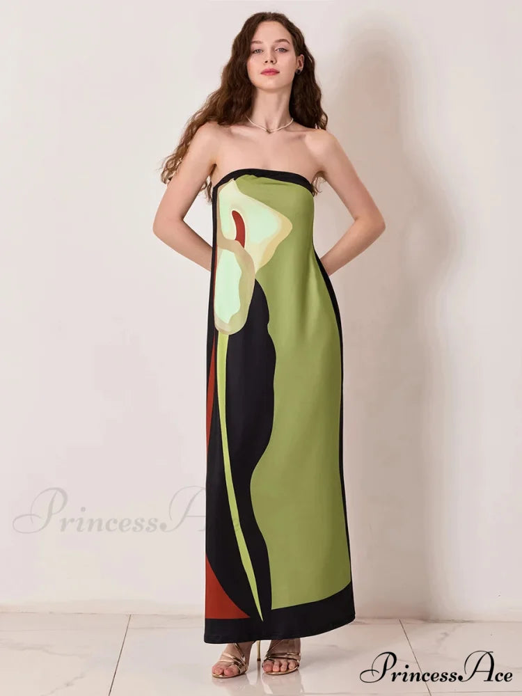 Antique Abstract Flower Strapless Open-Back Loose Tube Top Flower Dress GREEN / S floraldress-250126