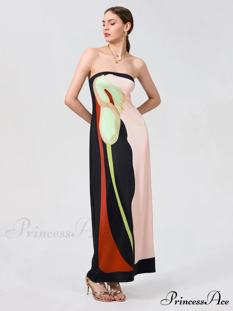 Antique Abstract Flower Strapless Open-Back Loose Tube Top Flower Dress PINK1 / S floraldress-250126