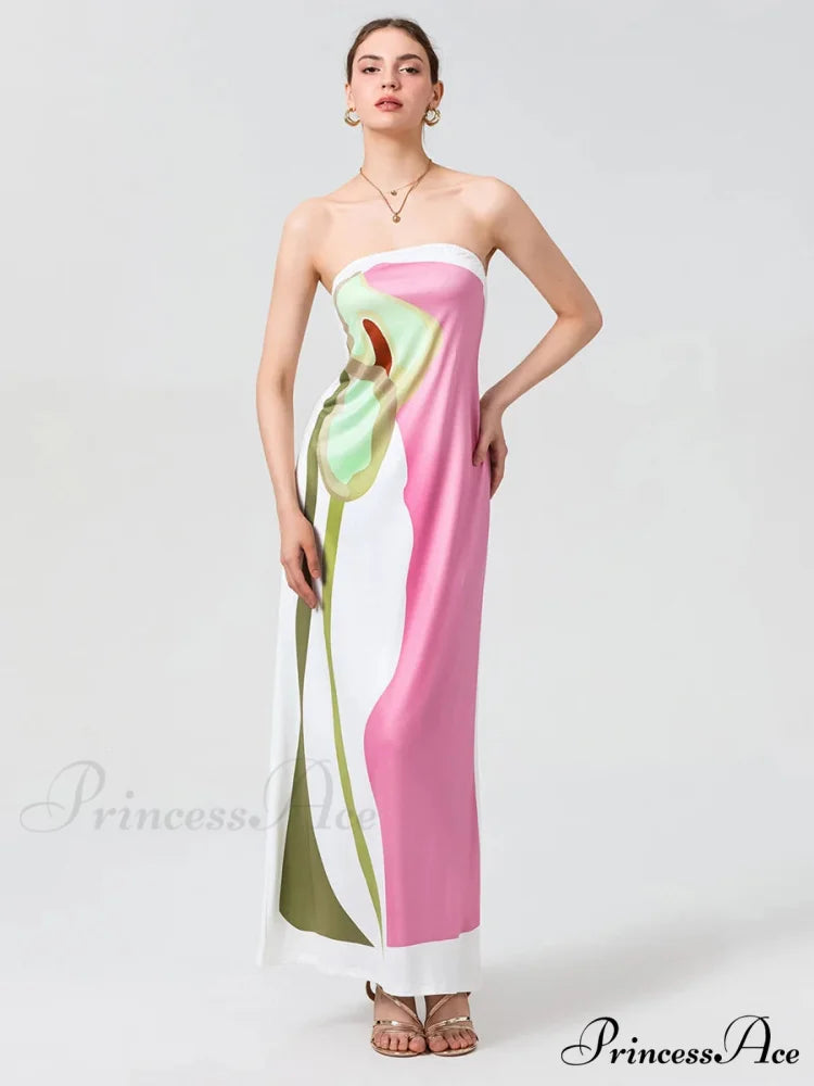 Antique Abstract Flower Strapless Open-Back Loose Tube Top Flower Dress PINK2 / S floraldress-250126