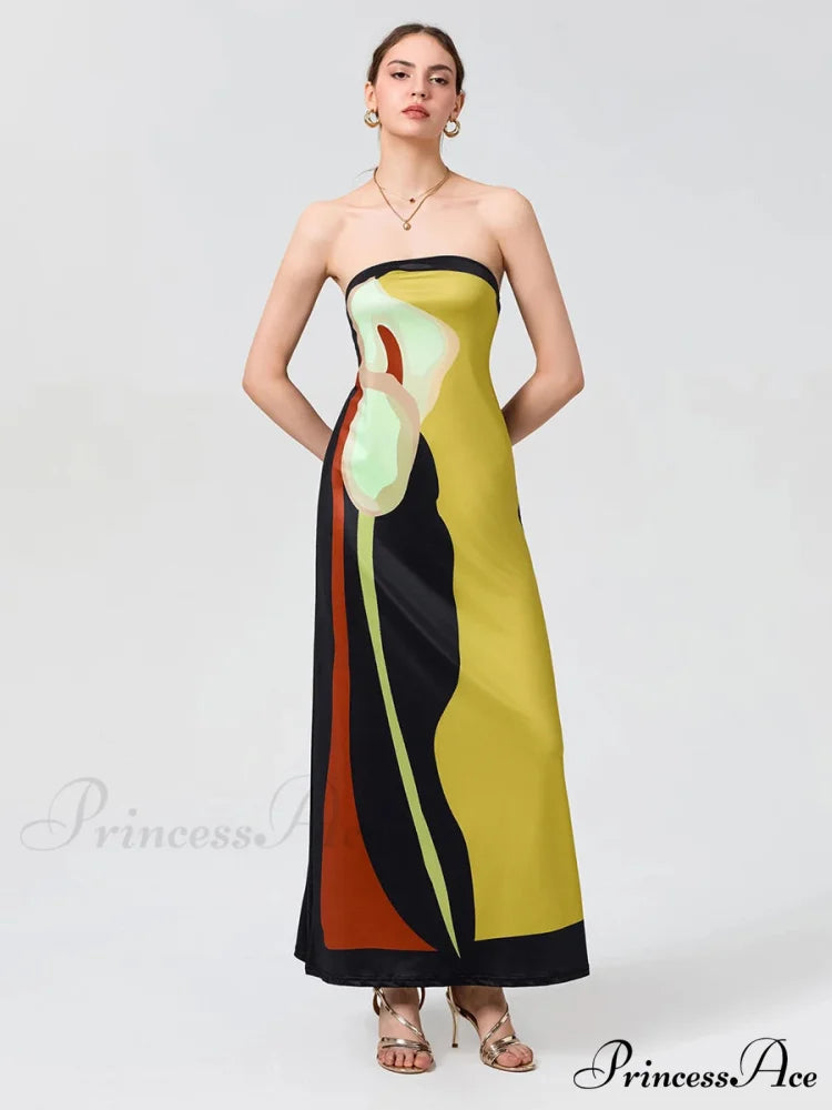 Antique Abstract Flower Strapless Open-Back Loose Tube Top Flower Dress YELLOW / S floraldress-250126