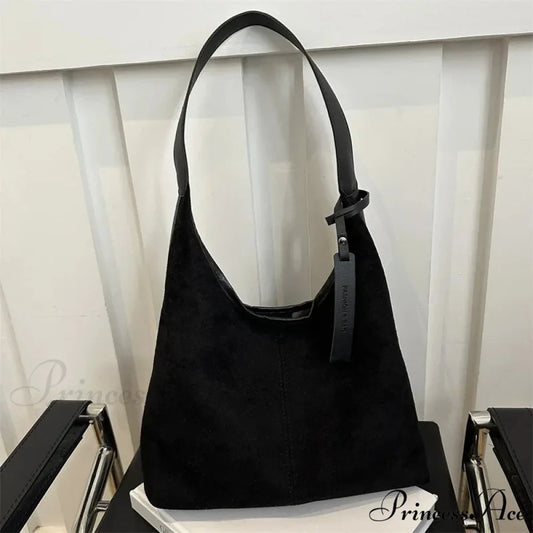 Antique Artificial Suede Spacious Shoulder Tote Bag Black shoulder-250126