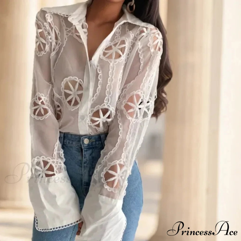 Antique Baggy Openwork Flower Stitching Lengthy Sleeve Blouse WHITE / M blouse-250126