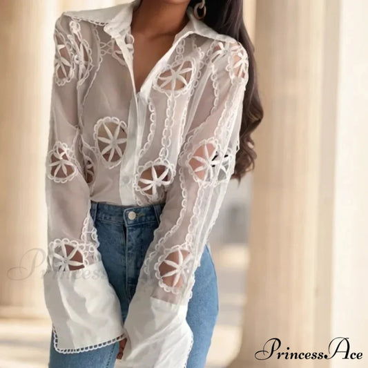 Antique Baggy Openwork Flower Stitching Lengthy Sleeve Blouse WHITE / M blouse-250126