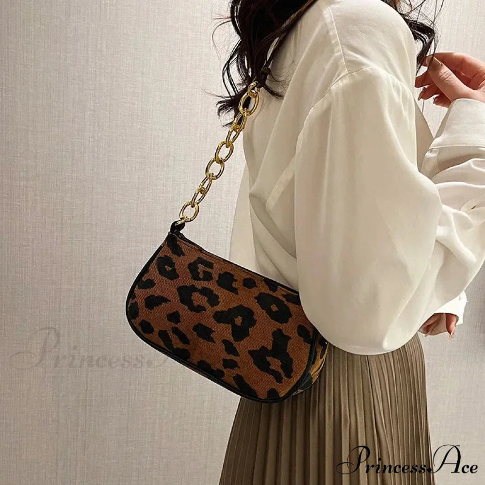 Antique Chain Fluffy Leopard Shoulder Bag LightBrown shoulder-250126
