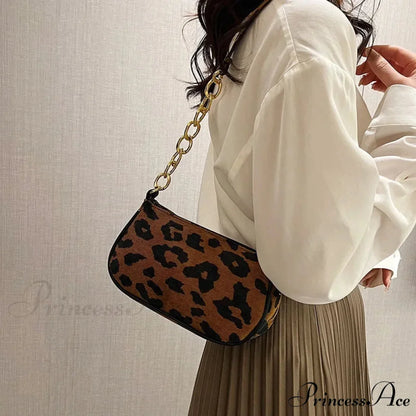 Antique Chain Fluffy Leopard Shoulder Bag LightBrown shoulder-250126