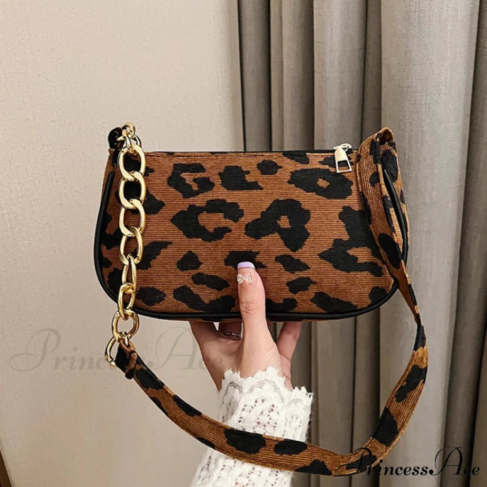 Antique Chain Fluffy Leopard Shoulder Bag LightBrown shoulder-250126