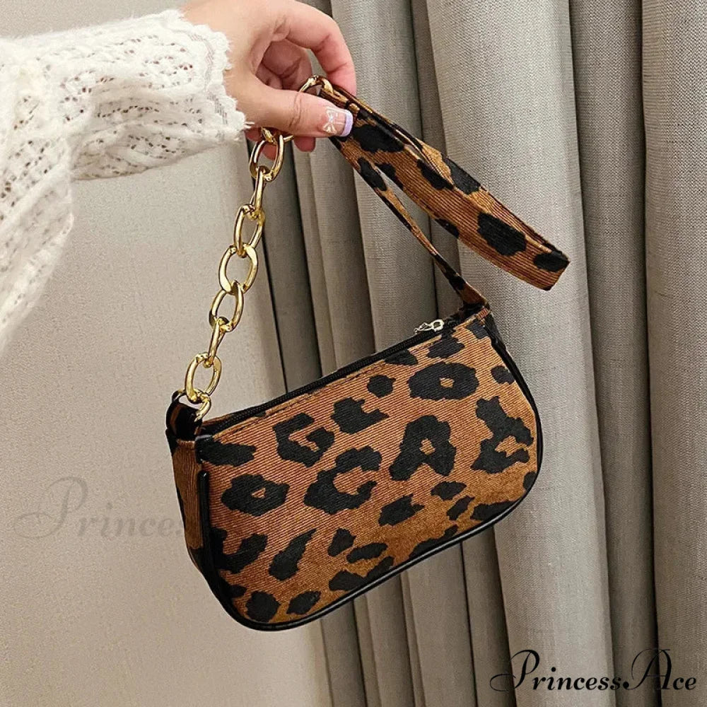 Antique Chain Fluffy Leopard Shoulder Bag LightBrown shoulder-250126