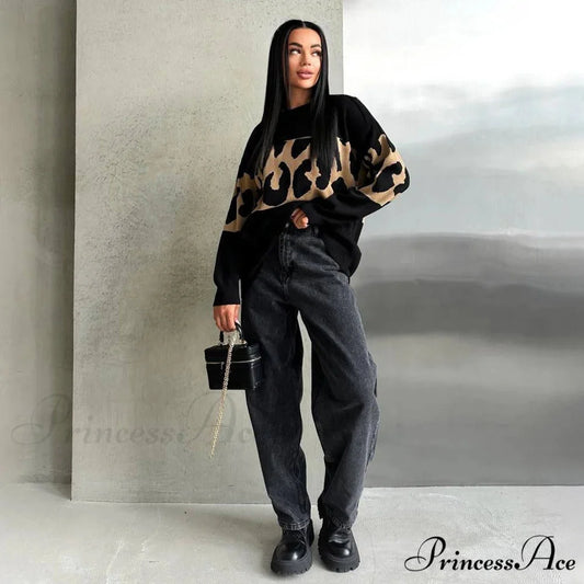 Antique Cheetah Pattern Baggy Jumbo Sweater Black / S swraters-241228