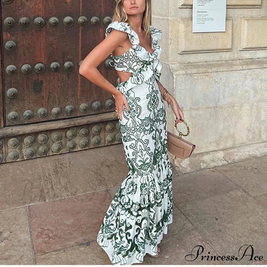 Antique Cotton Flowery Bohemian Dress Green / S bohodress-250126