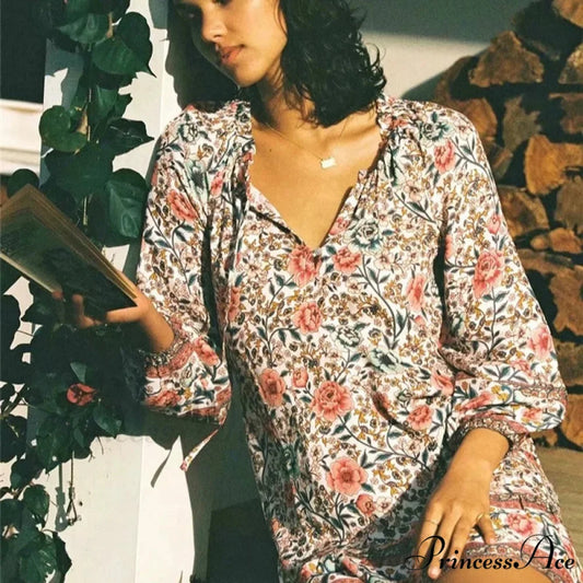 Antique Flower Pattern Extended Sleeve Frills Fringe Rayon Mini Bohemian Dress bohodress-250126