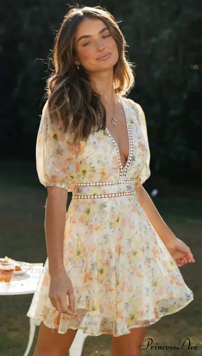 Antique Flower Pattern Long Sleeve Cutout Seductive V-neck Mini Boho Dress bohodress-250126