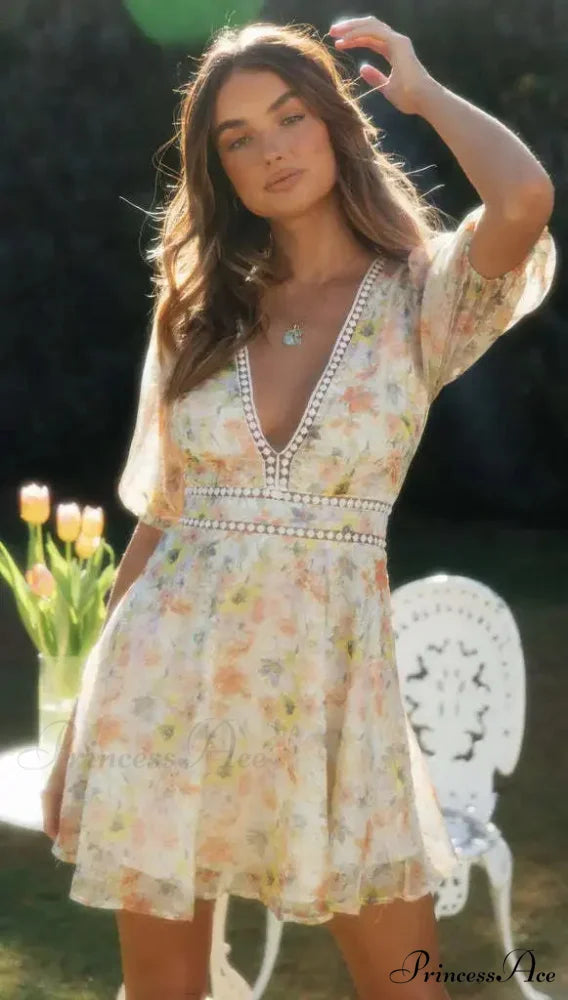 Antique Flower Pattern Long Sleeve Cutout Seductive V-neck Mini Boho Dress bohodress-250126
