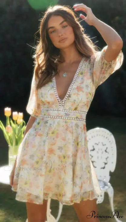Antique Flower Pattern Long Sleeve Cutout Seductive V-neck Mini Boho Dress bohodress-250126