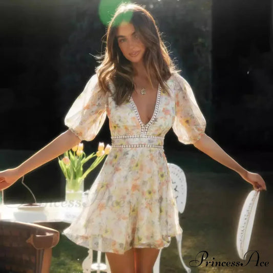 Antique Flower Pattern Long Sleeve Cutout Seductive V-neck Mini Boho Dress bohodress-250126