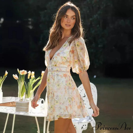 Antique Flower Pattern Long Sleeve Cutout Seductive V-neck Mini Boho Dress bohodress-250126