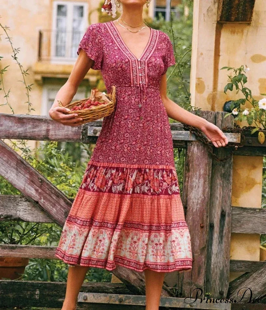 Antique Flower Pattern Sashes Crisscross Neckline Long Bohemian Dress Red / S bohodress-250126