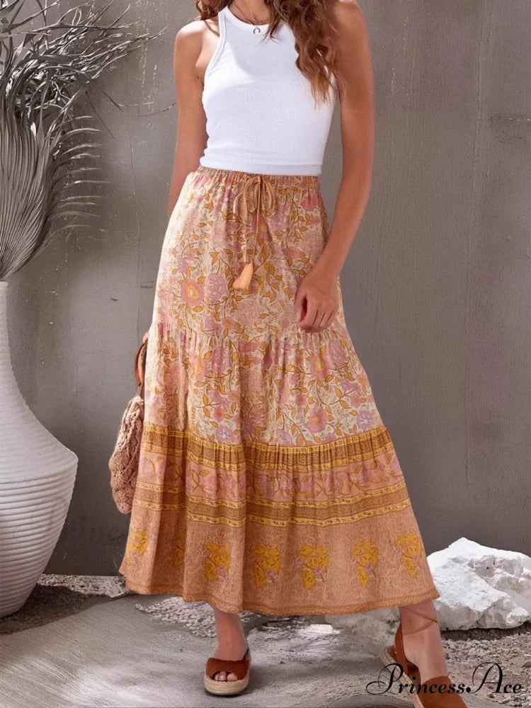 Antique Flower Peacock Printed High Rise Beach Boho Skirt orange / S skirt-250126