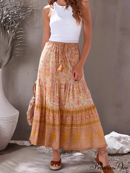 Antique Flower Peacock Printed High Rise Beach Boho Skirt orange / S skirt-250126